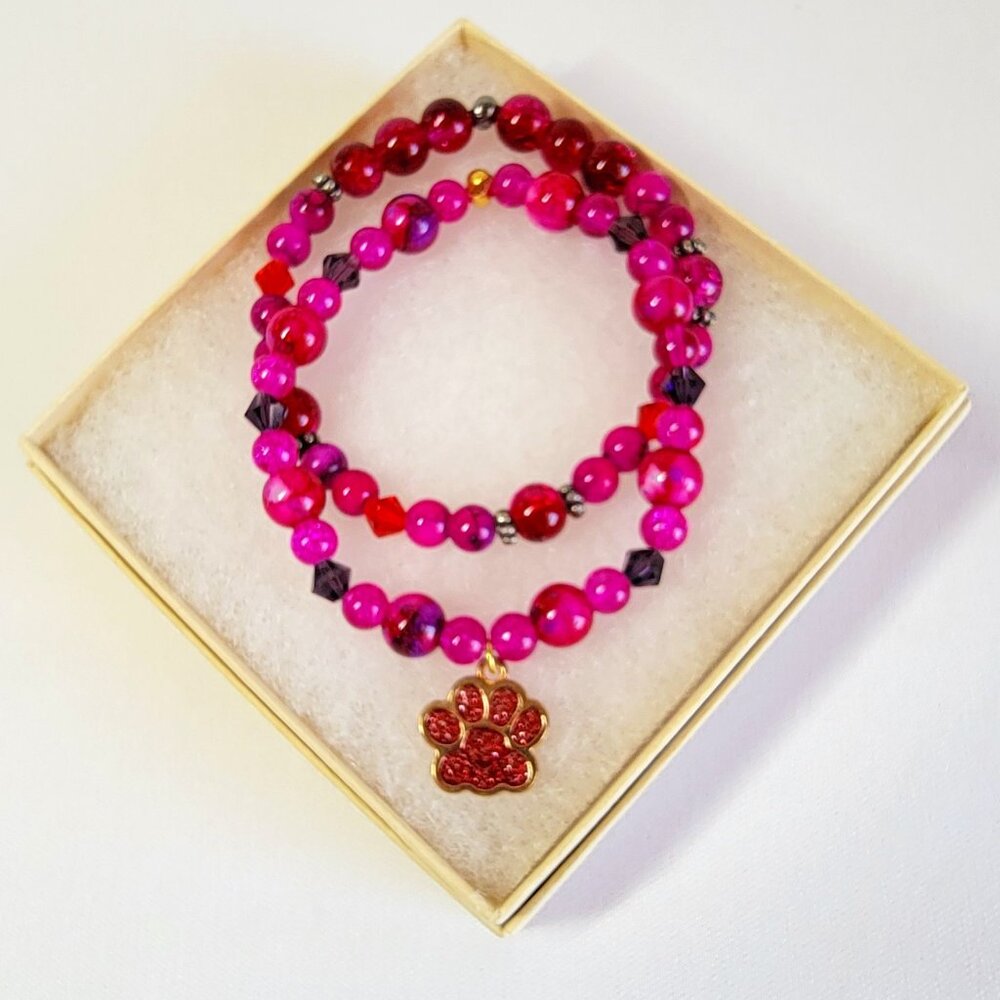 2-Pink Beaded Bracelet set with a Pink Dog Paw Charm, Size M